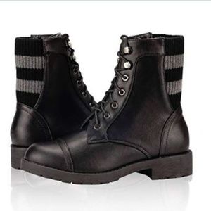 Combat Boots Low Heel Lace Up Cross Stripe Woven